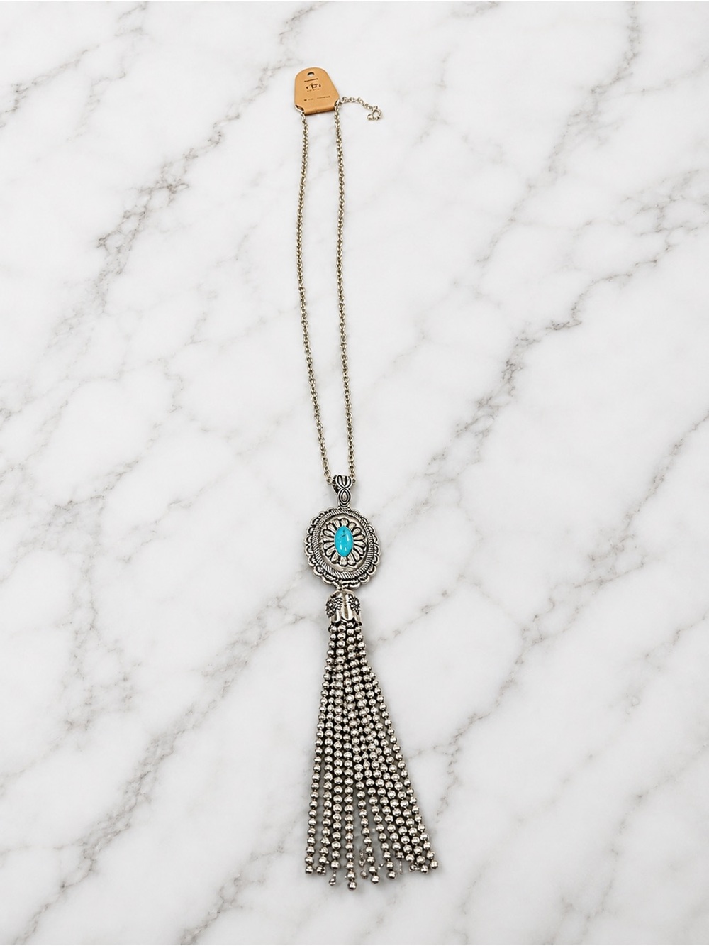 Western Silver Tone Concho Tassel Necklace Turquoise Look Pendant NWT